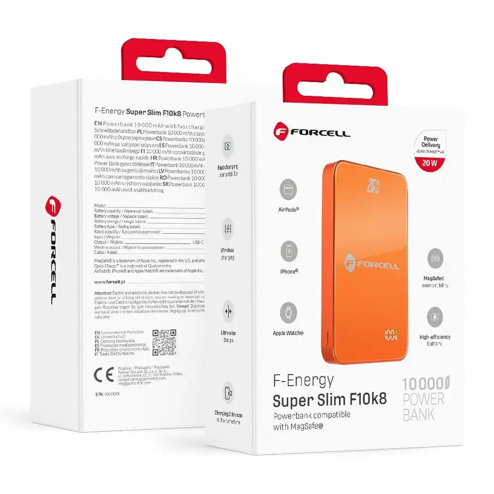 Forcell F-Energy SuperSlim F10K8 Power Bank | 10,000 mAh | 15W | PD, QC | USB-C, MagSafe | orange
