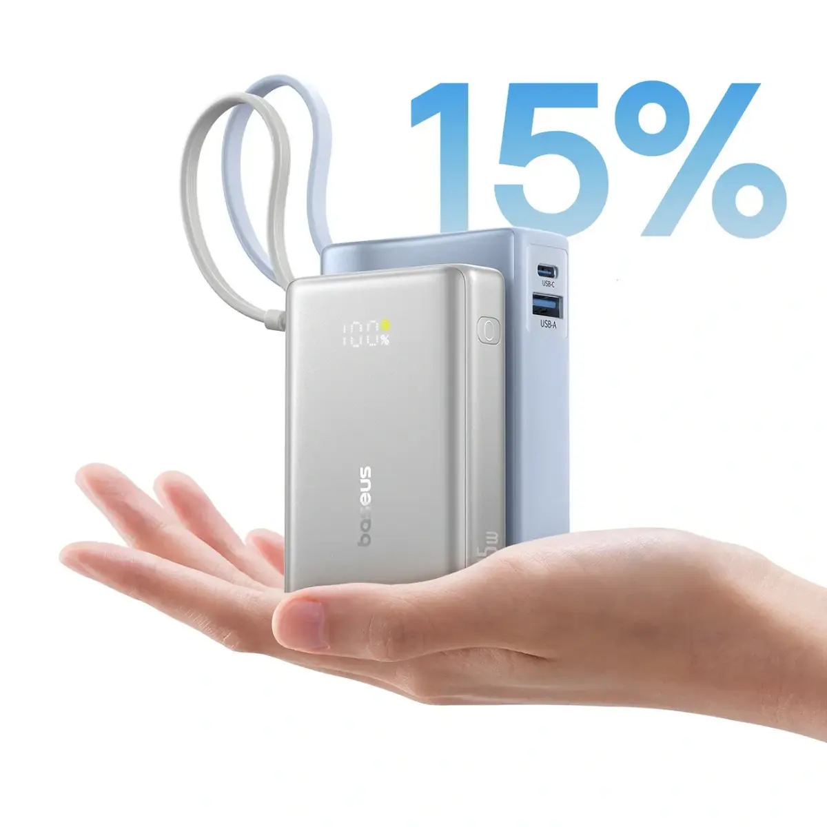 Baseus PicoGo 10000mAh 45W Powerbank with Digital Display and Built-in USB-C Cable - Titanium