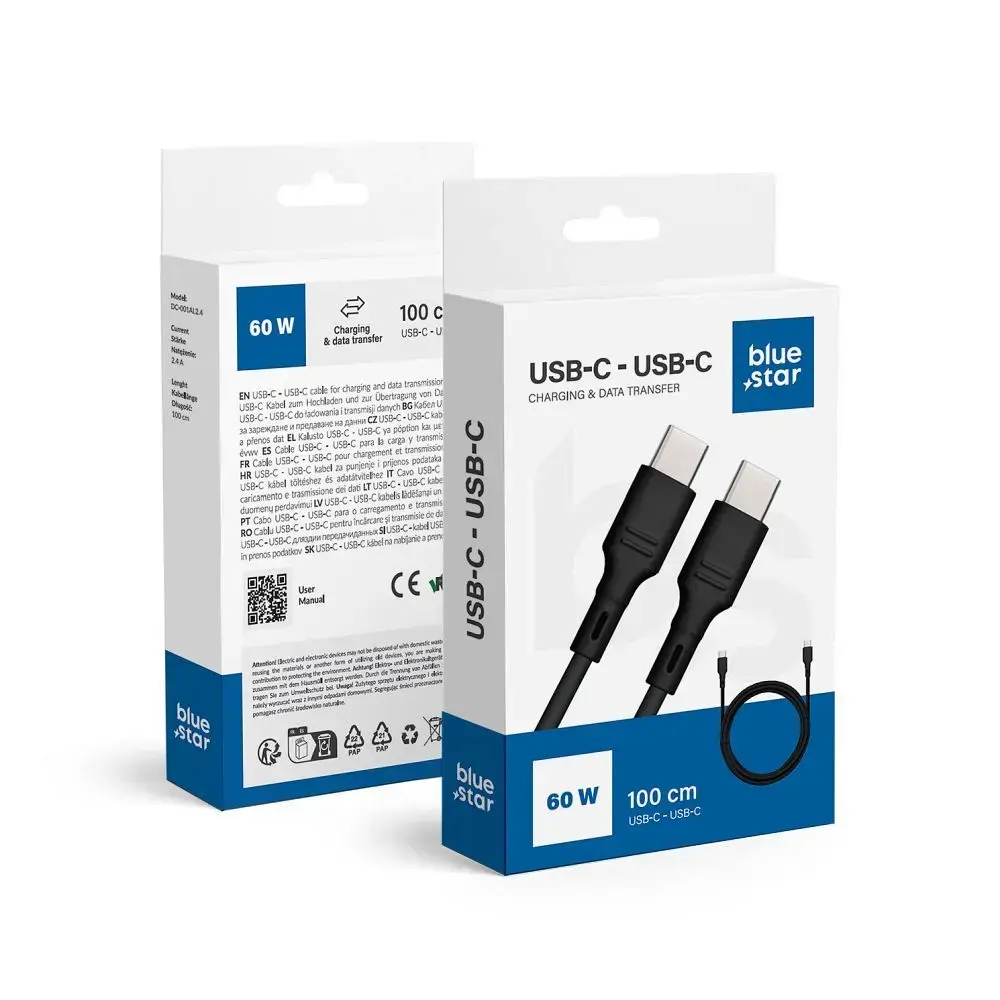 Cable USB C to USB C Blue Star 3A 60W 1 m DC-001CC3.0 black