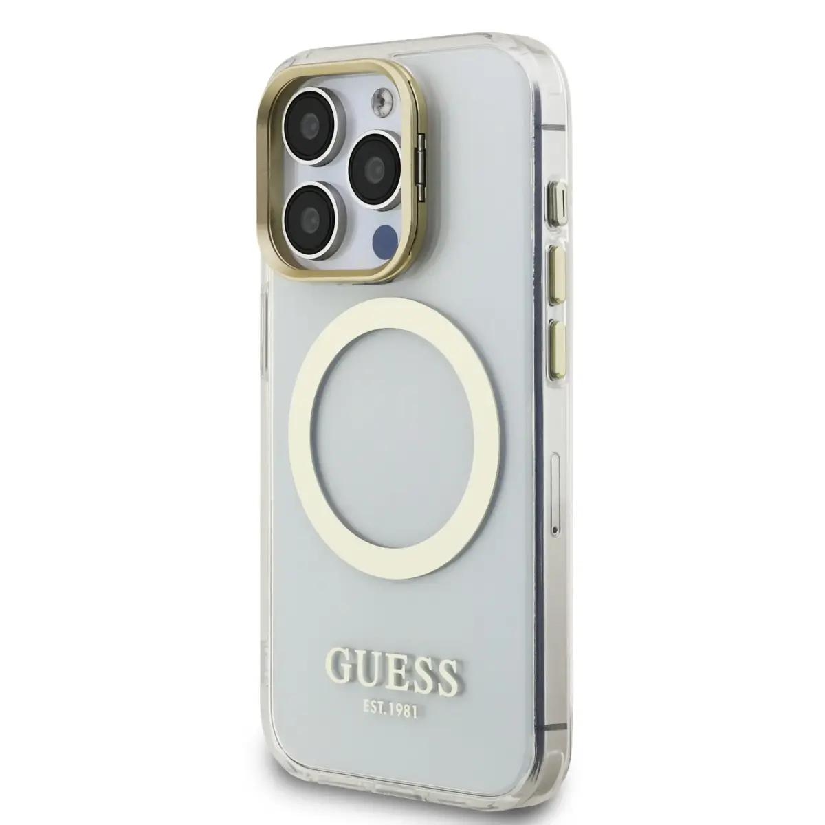 Guess IML Gold Outline Stand Camera Frame MagSafe Case for iPhone 15 Pro Transparent