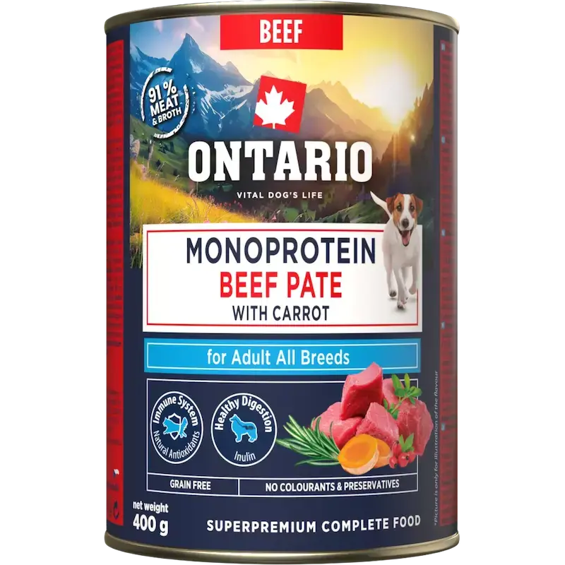 Konservi suņiem - Ontario Adult Monoprotein Beef Pate with Carrots 400g