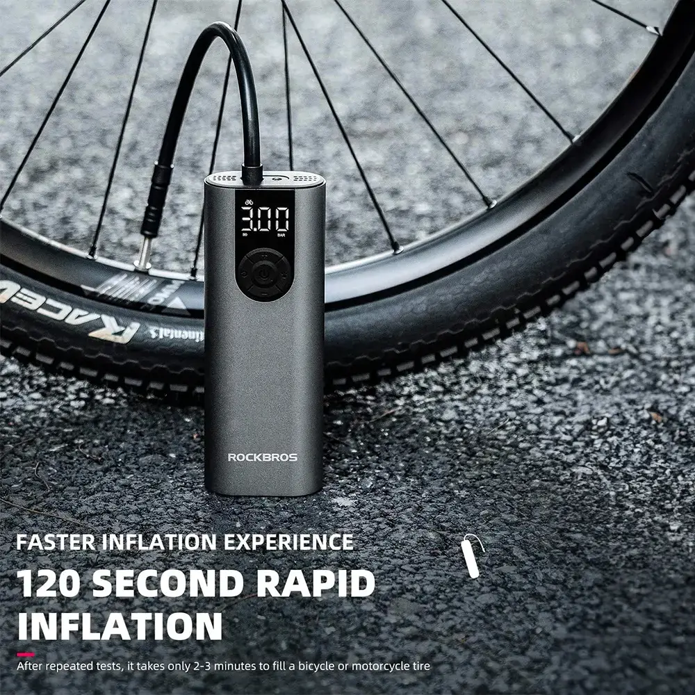 Rockbros 42720001001 Electric Bike Pump with LED Display + USB-C - USB-A Cable - Black