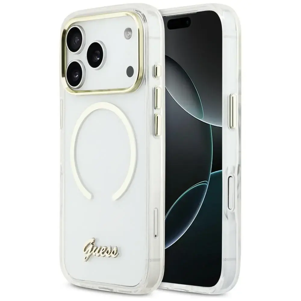 Guess IML Script Metal maciņš ar MagSafe atbalstu telefonam iPhone 17 Pro Max caurspīdīgs