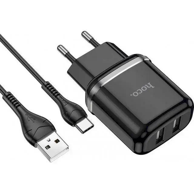 Hoco N4 universal travel charger 2 x USB | 5V | 2.4A + USB-C cable 1M black