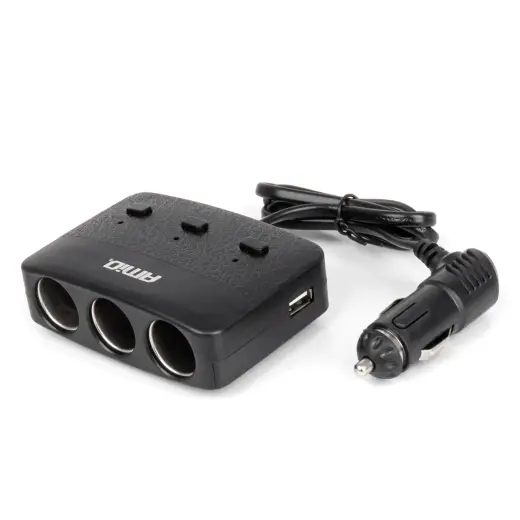 Triple extension socket charger 2x USB A ON/OFF button LED indicator 12/24V 100W 70cm AMIO-04363