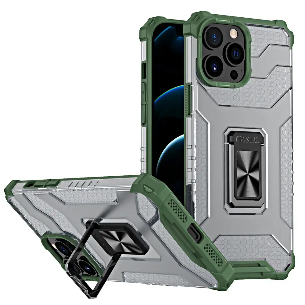 Crystal Ring Tough Rugged maciņš ar statīvu telefonam iPhone 13 Pro zaļš