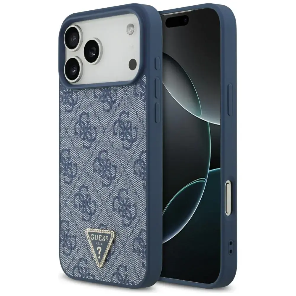 Etui Guess Leather 4G Triangle Strass     MagSafe do iPhone 17 Pro Max niebieski
