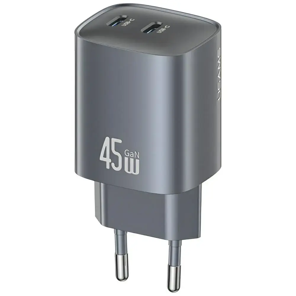 USAMS CC305 T66 tīkla lādētājs | 45W | GaN | 2xUSB-C | pelēks