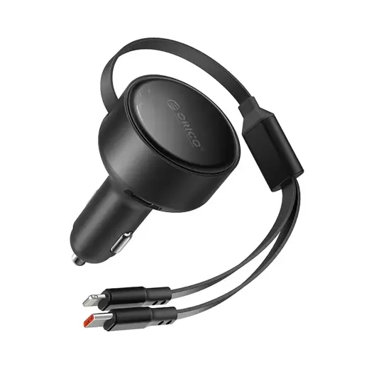 Orico Dual Stretch auto lādētājs | 30W | USB-C, Lightning | ar USB-C un Lightning vadiem komplektā | melns