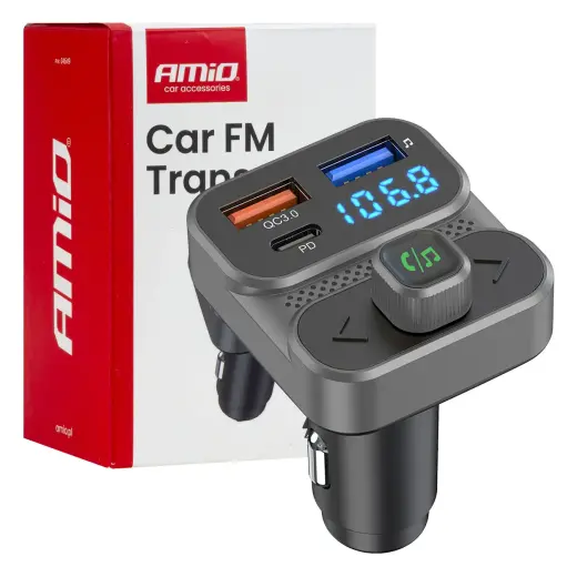 Car FM Transmitter 2×USB-A 1×USB 12V 24V AMIO-04649