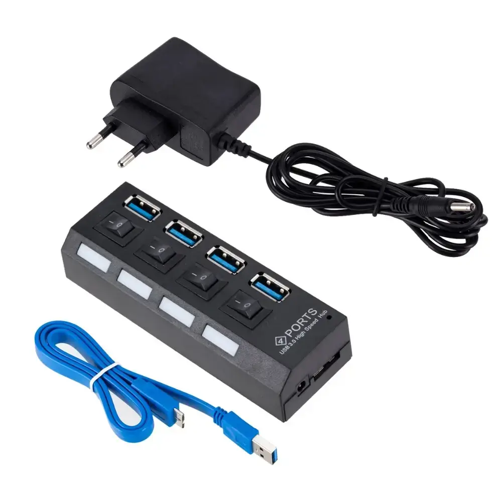 Goodbuy adapteris (sadalītājs) no USB 3.0 līdz 4 x USB 3.0 | 5Gbps ar atsevišķām ieslēgšanas | izslēgšanas pogām melns (+ barošanas avots)