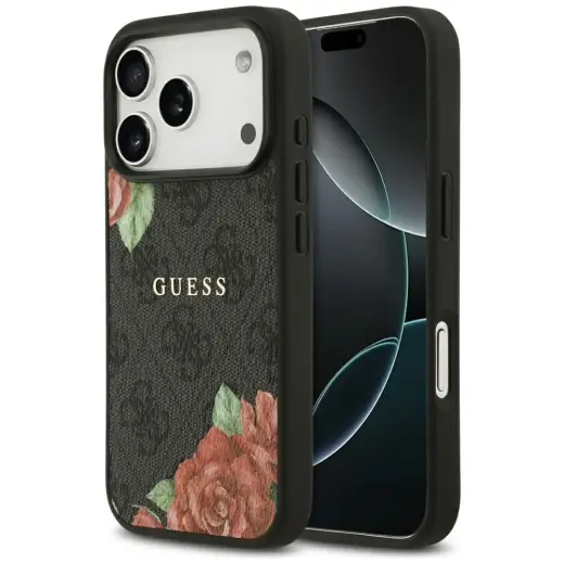 Guess 4G Flowers Print чехол с поддержкой MagSafe для телефона iPhone 17 Pro Max черный