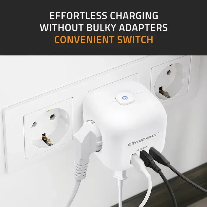 Qoltec Power cube 6-in-1 extension cord with illuminated switch | 3x AC | 2x USB | 1x USB-C PD 20W | White