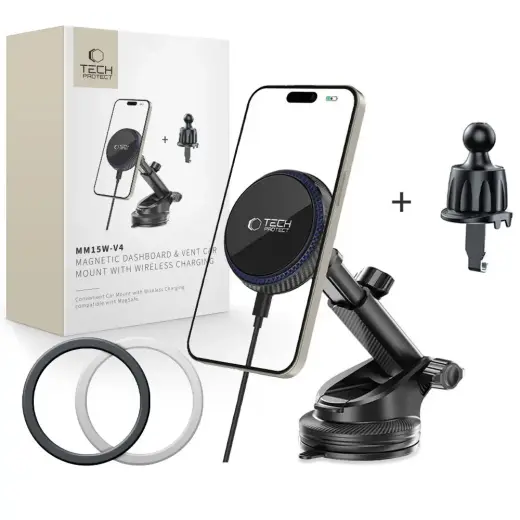 Tech-Protect MM15W-V4 magnetiline auto telefonihoidik ventilatsiooniavale ja esiklaasile 15W juhtmevaba laadimisega MagSafe ühilduv must