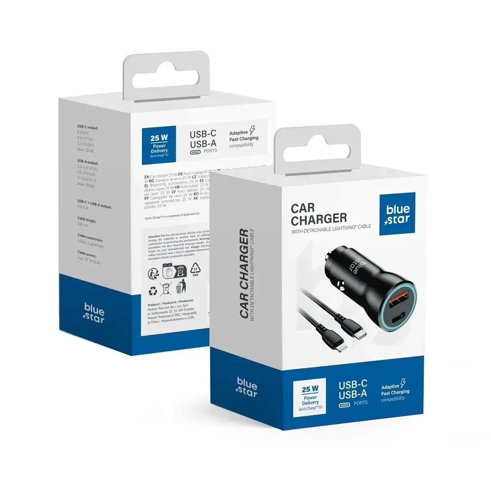 Blue Star auto lādētājs | 25W | PD, QC, PPS, AFC | USB-C, USB-A, Lightning | ar USB-C uz Lightning vadu komplektā | melns