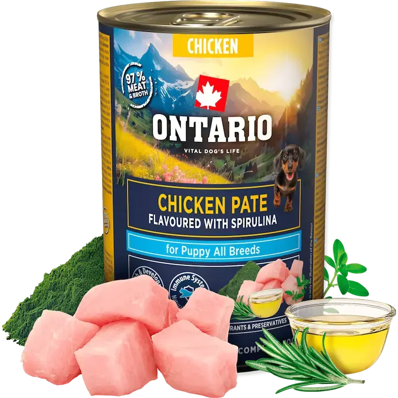 Konservi kucēniem - Ontario Puppy chicken pate with spirulina flavor 400g