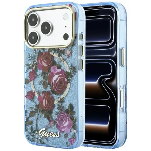 Guess IML Glitter Blossom Roses case for iPhone 17 Pro Max / 18 Pro Max - light blue