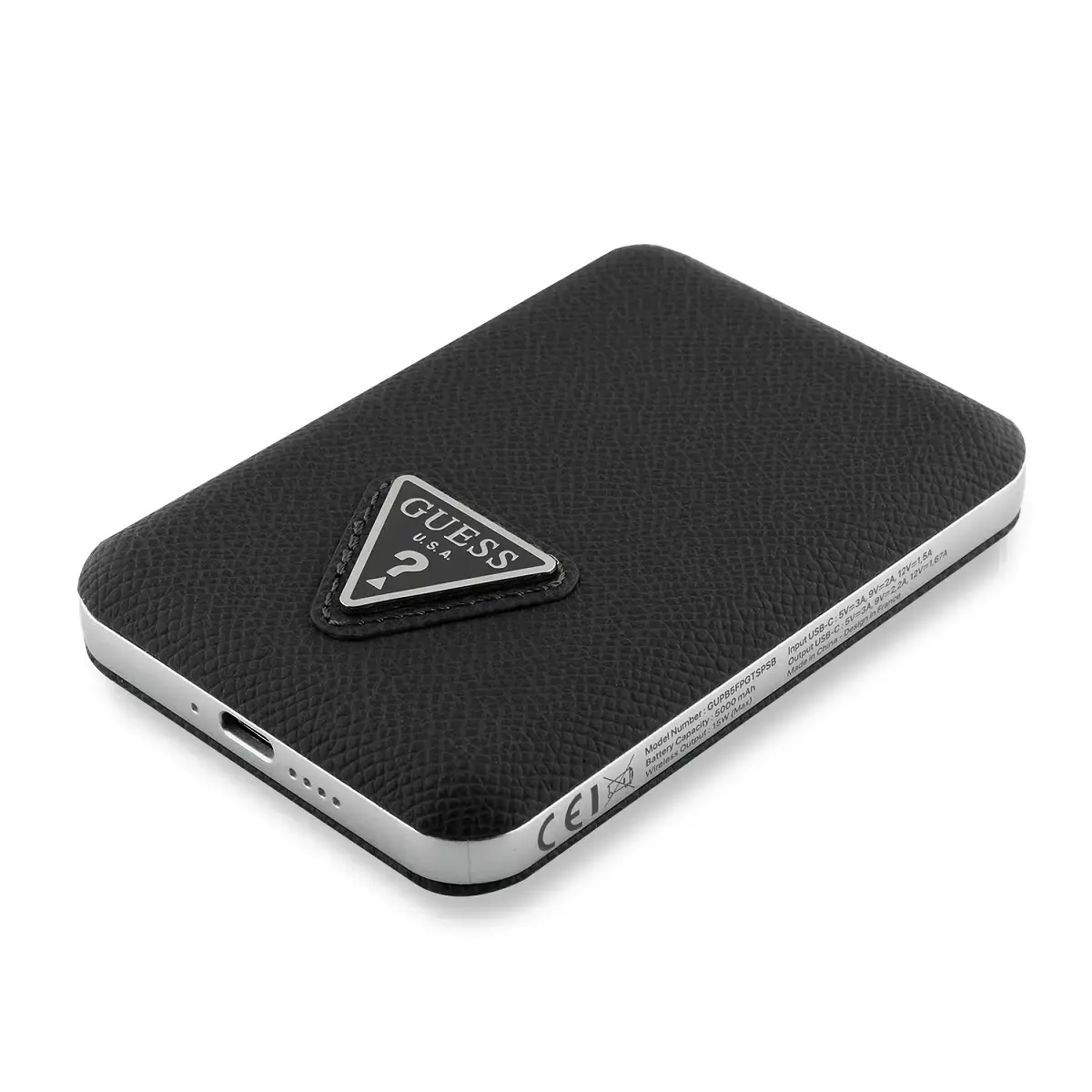 Guess PU Grained Triangle Logo ārējais akumulators (powerbank) | 5000 mAh | MagSafe | melns