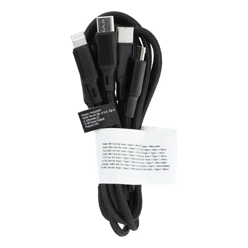 C171 3-in-1 datu pārraides un uzlādes vads | USB-C uz Lightning, USB-C, Micro USB | 12W | 1.2m | melns