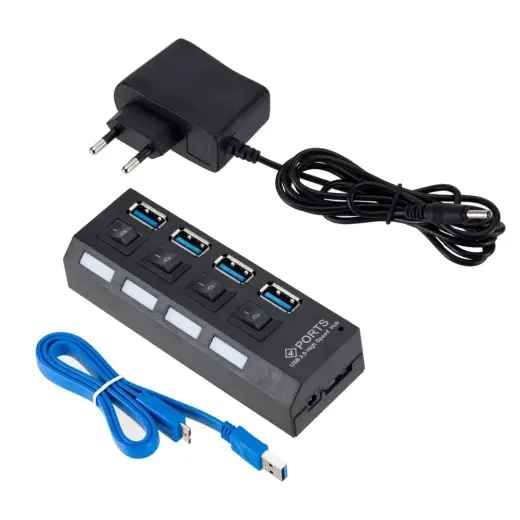 Goodbuy adapteris (sadalītājs) no USB 3.0 līdz 4 x USB 3.0 | 5Gbps ar atsevišķām ieslēgšanas | izslēgšanas pogām melns (+ barošanas avots)