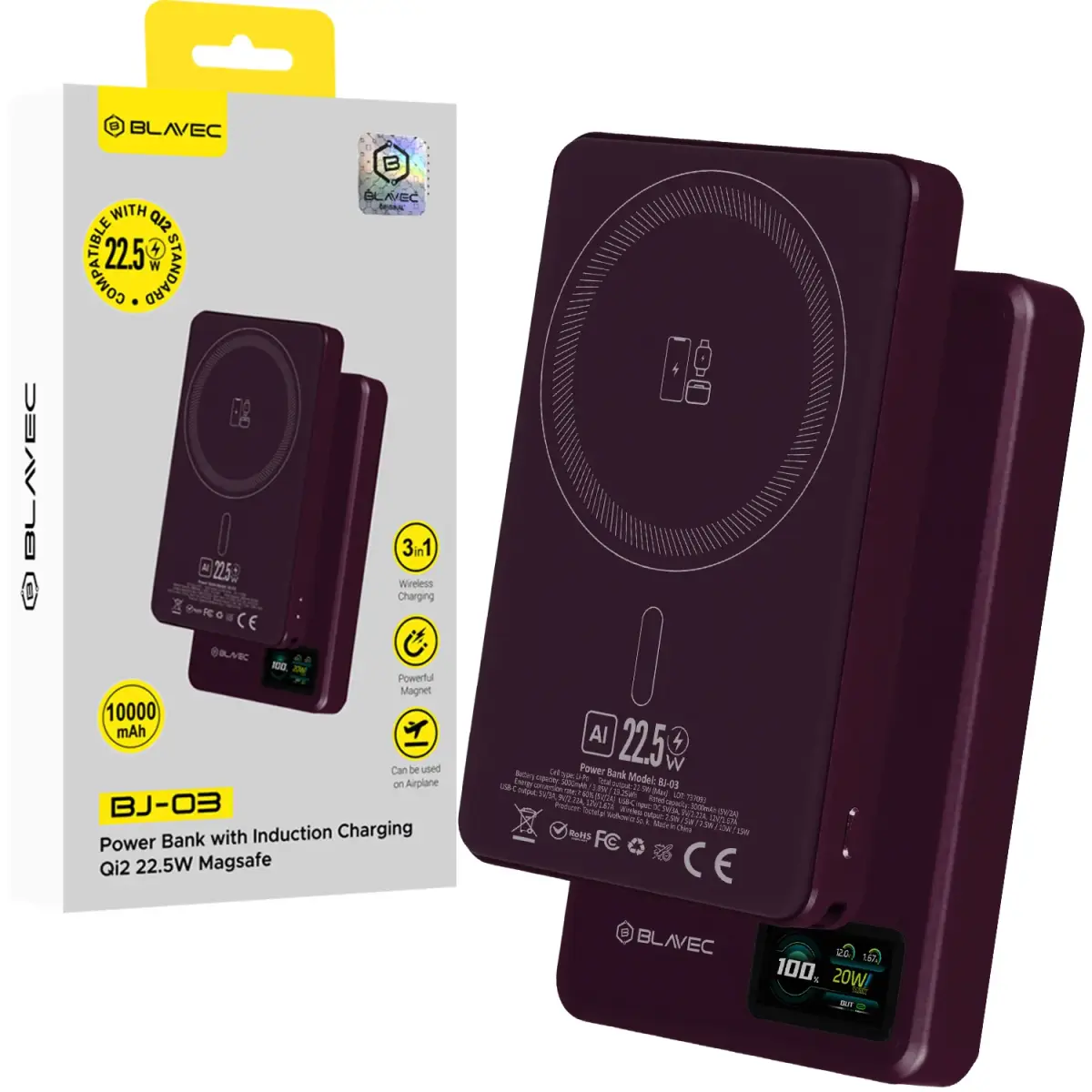 Blavec BJ-03 Slim 13.5mm 3-in-1 (PBBJ03-MC10P) Power Bank | 10,000 mAh | 22.5W | USB-C, Wireless, MagSafe | purple