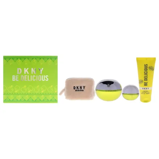DKNY Be Delicious by Donna Karan for Women - 4 Pc Gift Set 3.4oz EDP Spray, 0.5oz EDP Spray, 3.4oz Body Lotion, Pouch