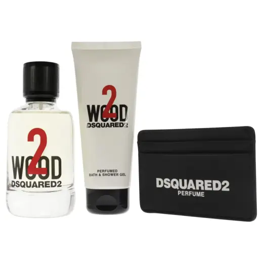 Set Dsquared 2: Dsquared, Leather Card Holder, Black, For Men + 2 Wood, Eau De Toilette, Unisex, 100 ml + 2 Wood, Shower Gel, 100 ml
