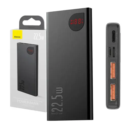 Baseus Adaman Metal ārējais akumulators (powerbank) | 10000 mAh | 22.5W | USB-A, USB-C, Lightning, Micro USB | LED ekrāns | melns