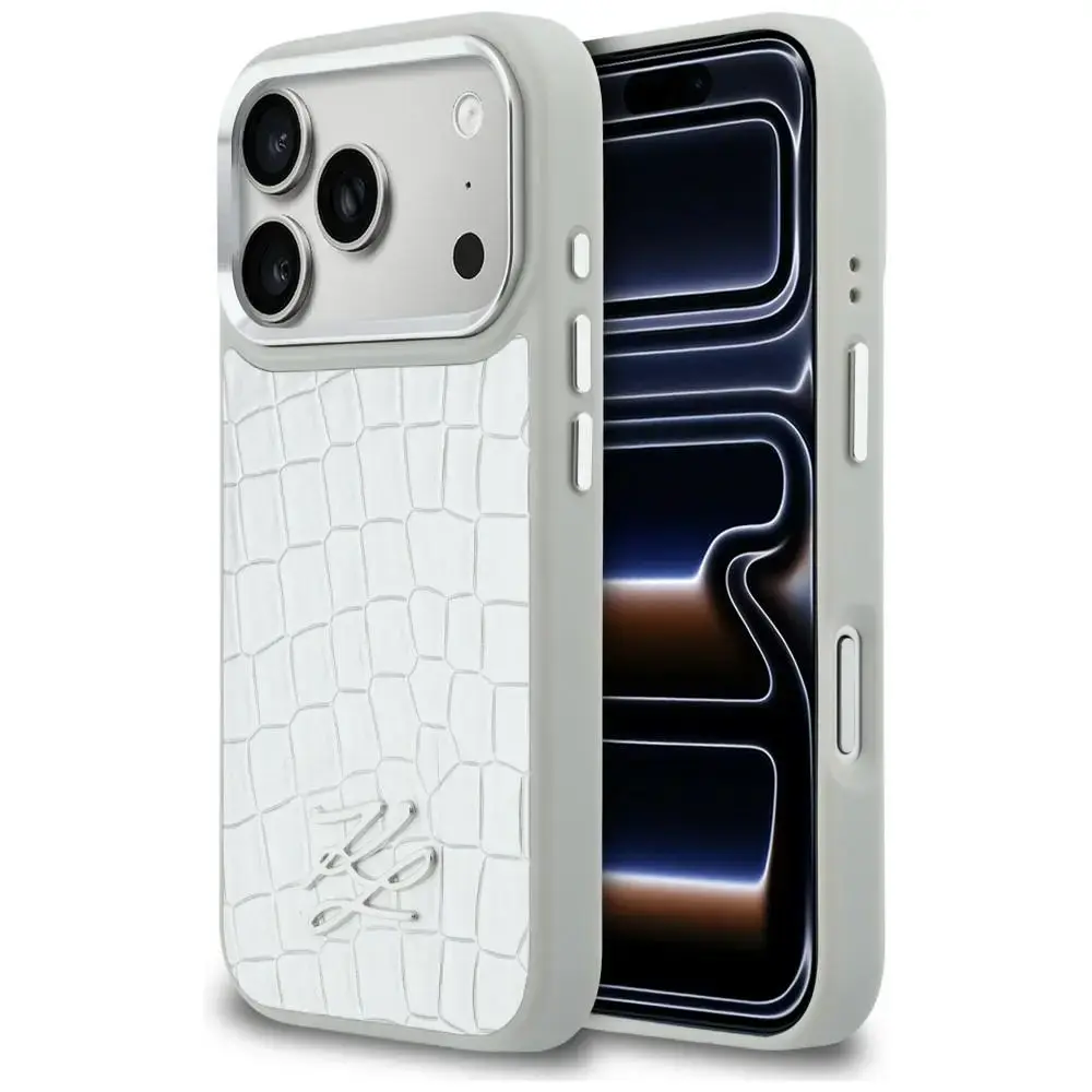 Karl Lagerfeld Croco KL Script Logo knyginio tipo telefono dėklas su MagSafe palaikymu iPhone 17 Pro Max sidabrinis