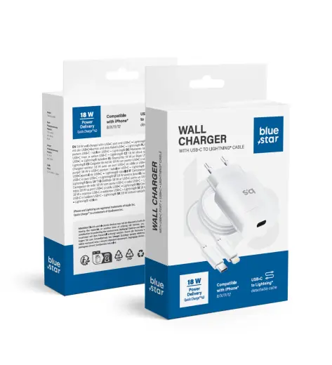 Blue Star TFK-TC-1099C tīkla lādētājs | 18W | PD, QC | USB-C, Lightning | ar USB-C uz Lightning vadu komplektā | balts