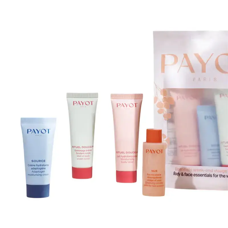 Discovery Kit Set Payot: Rituel Douceur, Eliminates Impurities, Exfoliating Cream, 20 ml + Source Adaptogen, Natural Ingredients, Hydrating 48H, Morning & Evening, Cream, For Face, 15 ml + Rituel Douceur, Hydrates, Body Lotion, Body, 25 ml + Nue, Cleansing, Micellar Water, For All Skin Types, 20 ml