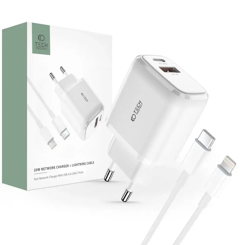 Tech-Protect C20W tīkla lādētājs | 20W | PD, QC3.0 | USB-C, USB-A, Lightning | Lightning vads komplektā | balts
