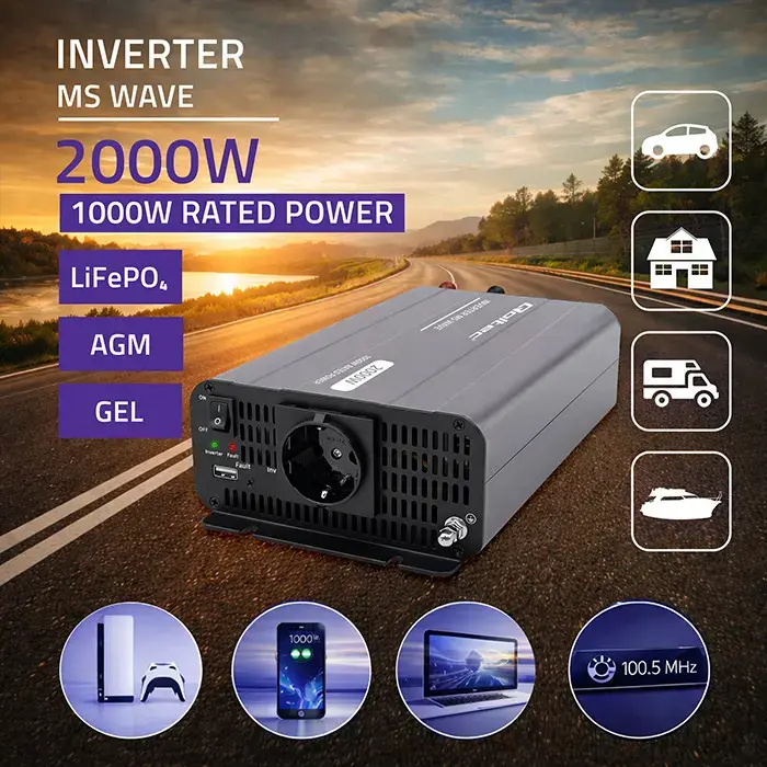 Qoltec MS Wave Voltage Converter | 12V to 230V | 1000/2000W | USB | Compatible with LiFePO4, GEL and AGM batteries