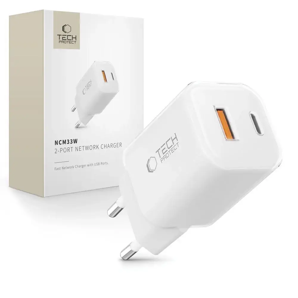 Tech-Protect NCM33W 2-port tīkla lādētājs | 33W | PD | USB-C | balts