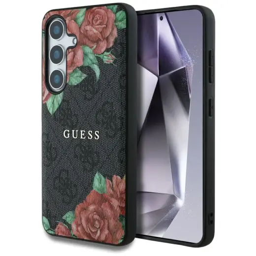 Etui Guess Leather 4G Flowers Print       Metal Classic Logo MagSafe Samsung Galaxy S25 czarny