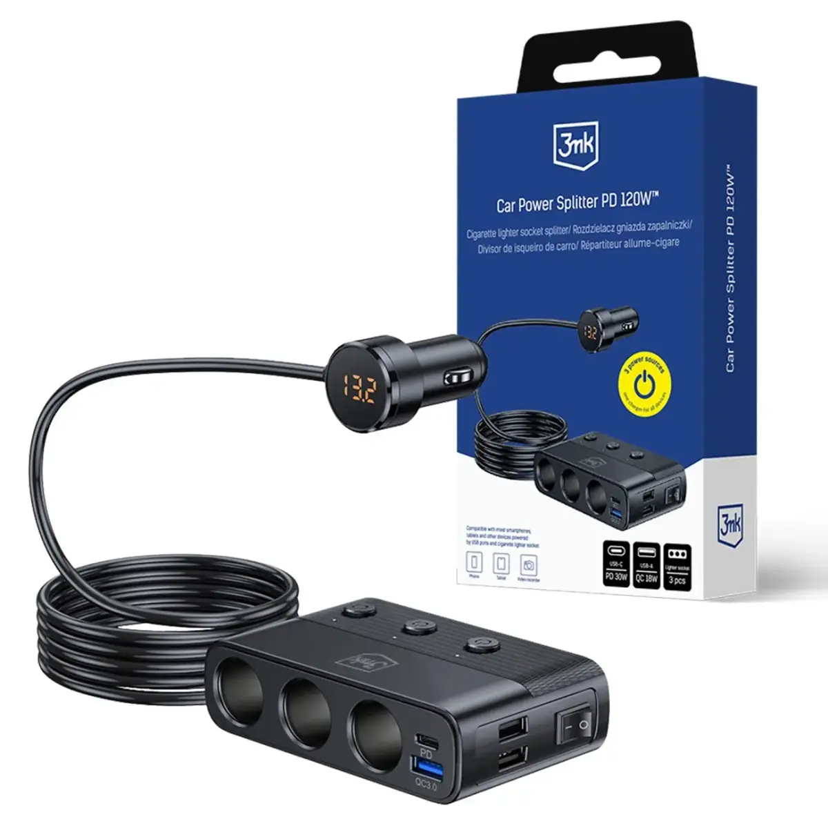 3mk Car Power Splitter PD QC PPS UCB-C USB-A auto lādētājs 7 ierīcēm | 120W | PD, QC, PPS | USB-C, USB-A | melns