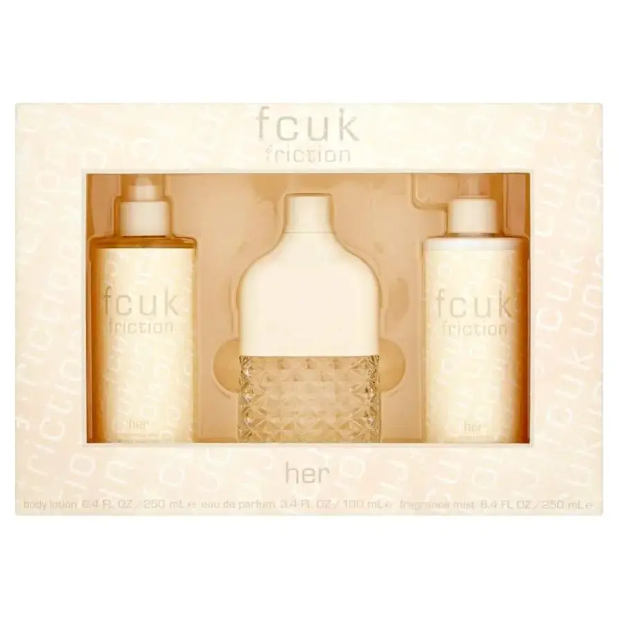 Set Fcuk: Friction, Eau De Parfum, For Women, 100 ml + Friction, Hydrates, Body Lotion, 250 ml + Friction, Scented Spray, For Women, 250 ml