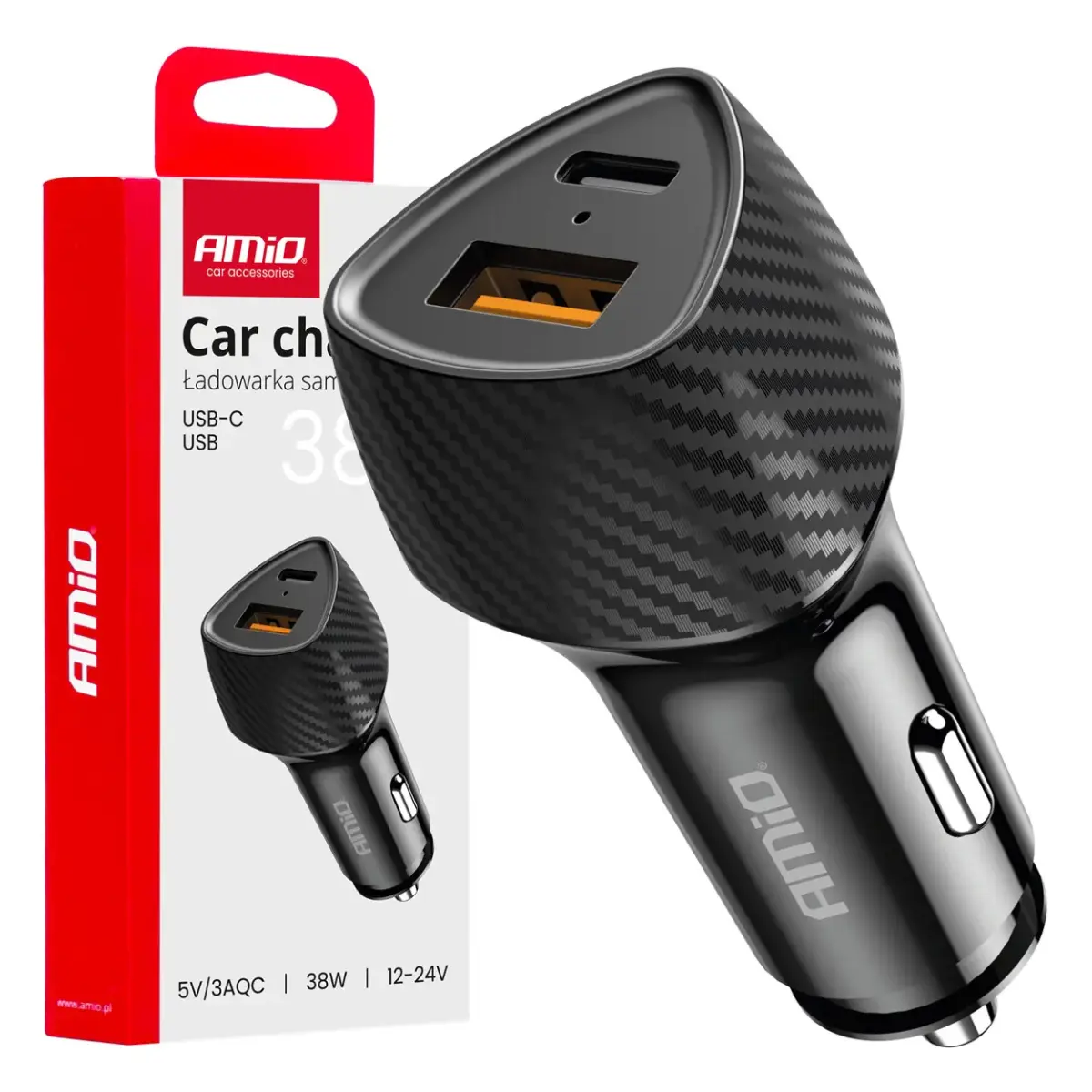 AMiO AMIO-04283 auto lādētājs | 20W | PD, QC | USB-A, USB-C