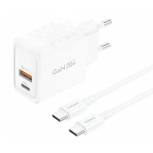 Foneng EU56 1xUSB-A, 1xUSB-C, 20W Power Charger (White) + USB-C cable