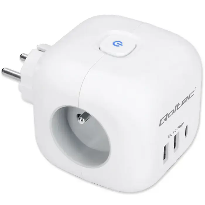 Qoltec Power cube 6-in-1 extension cord with illuminated switch | 3x AC | 2x USB | 1x USB-C PD 20W | White