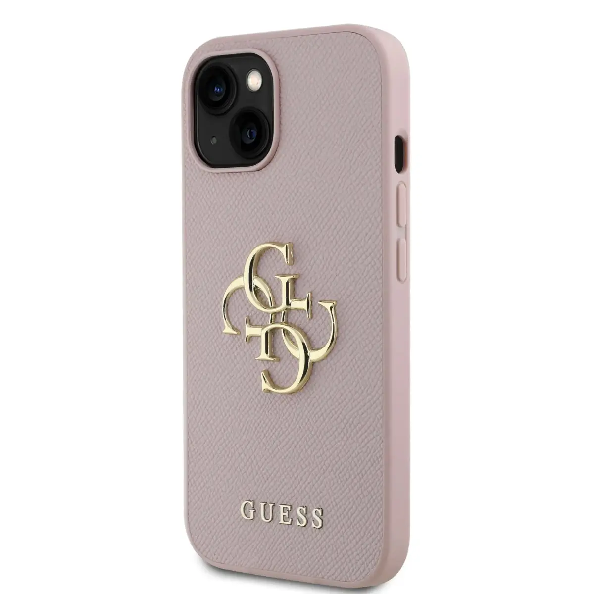 Guess PU Grained 4G Metal Logo Case for iPhone 15 Pink