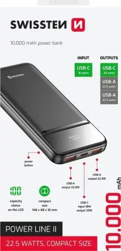 Swissten Power Line II Power Bank External Charging Battery 10000 mAh