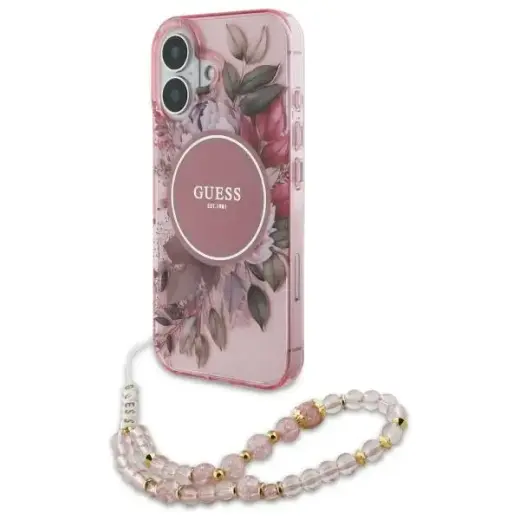 Guess GUHMP16SHFWBRCESP iPhone 16 6.1" różowy|pink hardcase IML Flowers With Pearl Strap MagSafe
