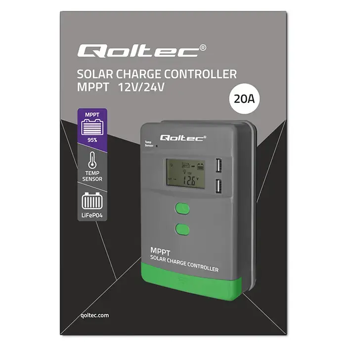 Qoltec Solar Charge Controller MPPT with Temperature Sensor 20A | 12V / 24V | LCD | 2 x USB | GEL | LiFePO4