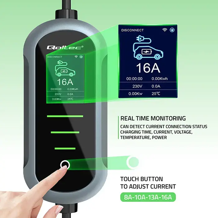 Qoltec Mobile EV Electric Car Charger with 2-in-1 Type 2 Adjustment | 11kW | 400V | CEE 32A | Wifi | TUYA | SMART LIFE | LCD | Portable | 5m