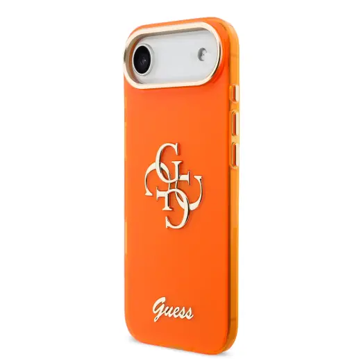 Guess IML 4G Script Metal Logo maciņš telefonam iPhone 17 Air oranžs