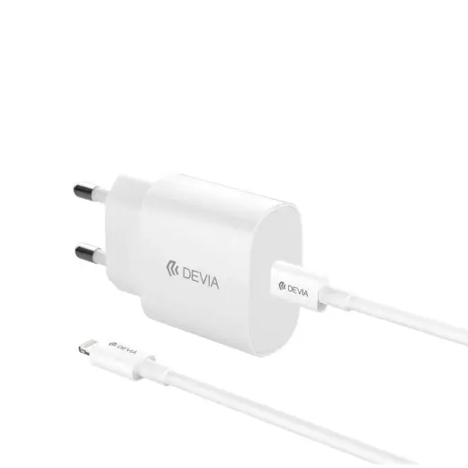 Devia Rocket kelioninis įkroviklis | 20W | PD, GaN | USB-C | su USB-C į Lightning laidu komplekte | baltas