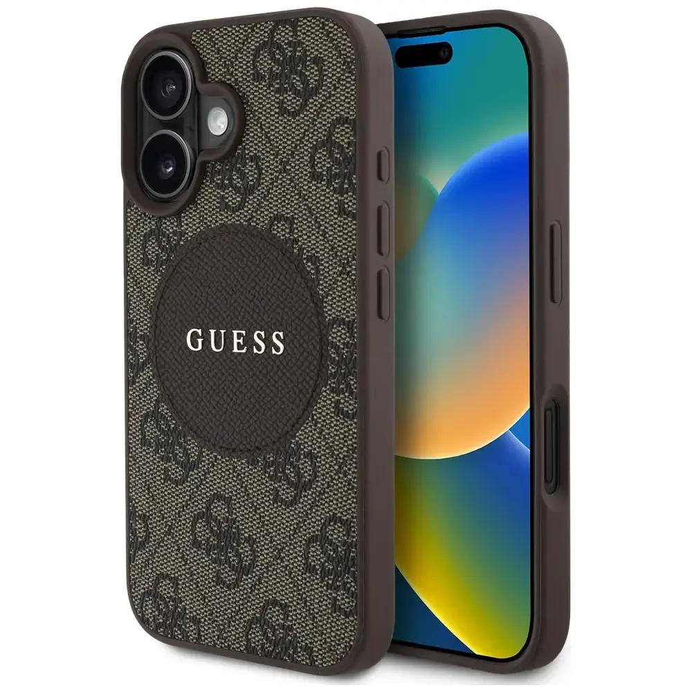 Guess Circle Classic Logo telefona maciņš priekš iPhone 16 brūns ar MagSafe atbalstu