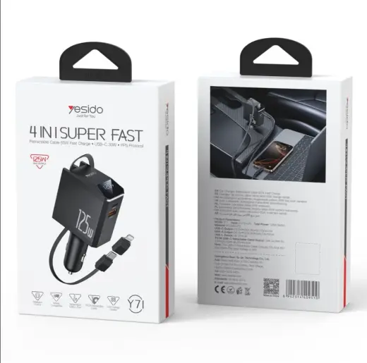 Yesido Y71 automobilinis įkroviklis | 65W | USB-A, USB-C, Lightning | su USB-C į USB-C ir Lightning laidu komplekte | juodas