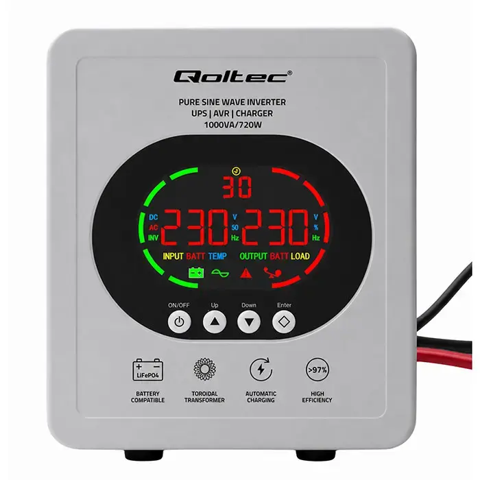 Qoltec Pure Sine Wave UPS | 1000VA/720W | 12/230V inverter with AVR | LCD | LiFePO4 AGM GEL